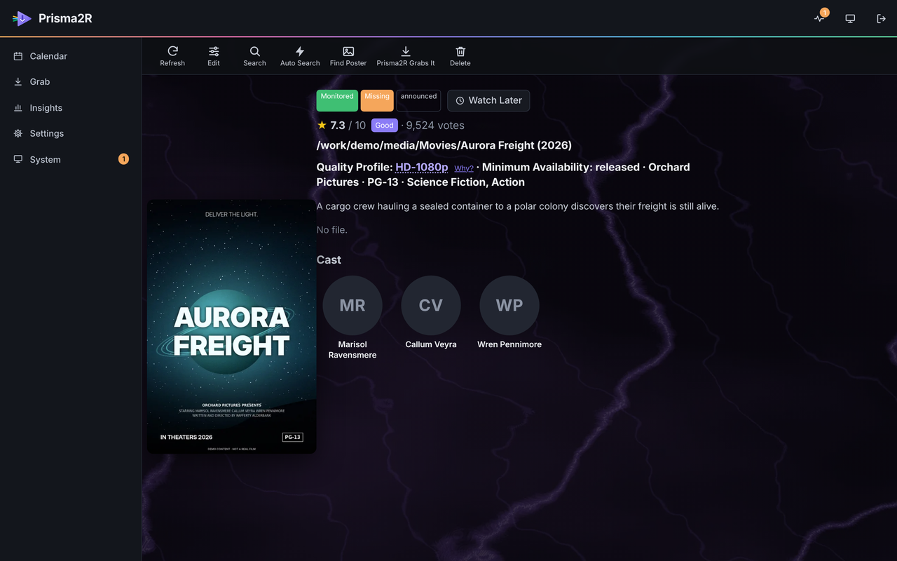 A wanted example movie's page in Prisma2R, marked Monitored and Missing, with its quality profile, minimum availability, poster and Search, Auto Search and Prisma2R Grabs It buttons.