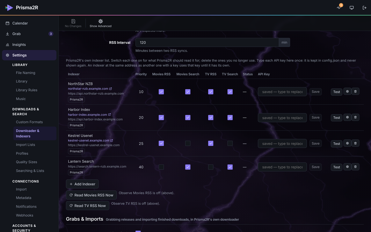 Prisma2R's Downloader and Indexers settings: four invented Newznab indexers on example.com, each with a priority, RSS and search switches, a saved API key and a Test button.