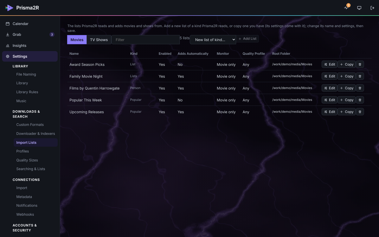 Prisma2R's Import Lists settings: five example movie lists with their kind, whether they add titles automatically, the quality profile and the root folder.